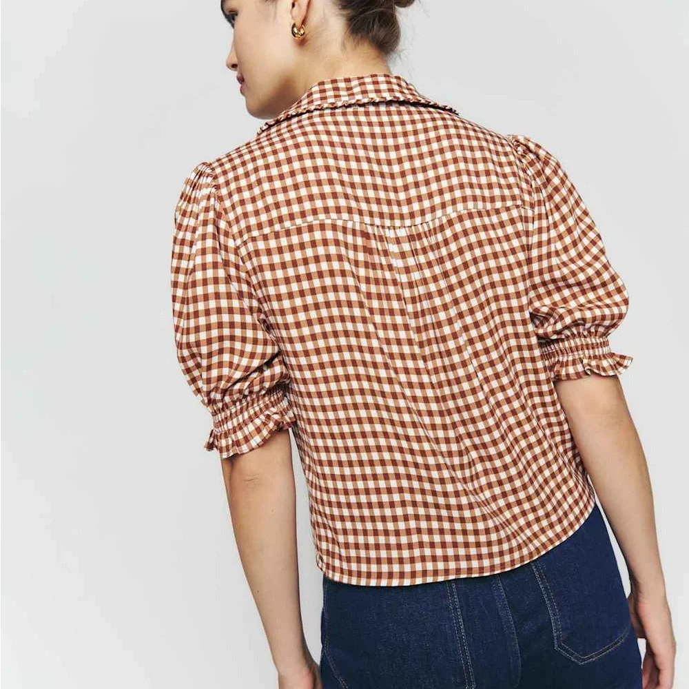 Reformation Kalila  Brown and White Checkered Top - Picture 8 of 9